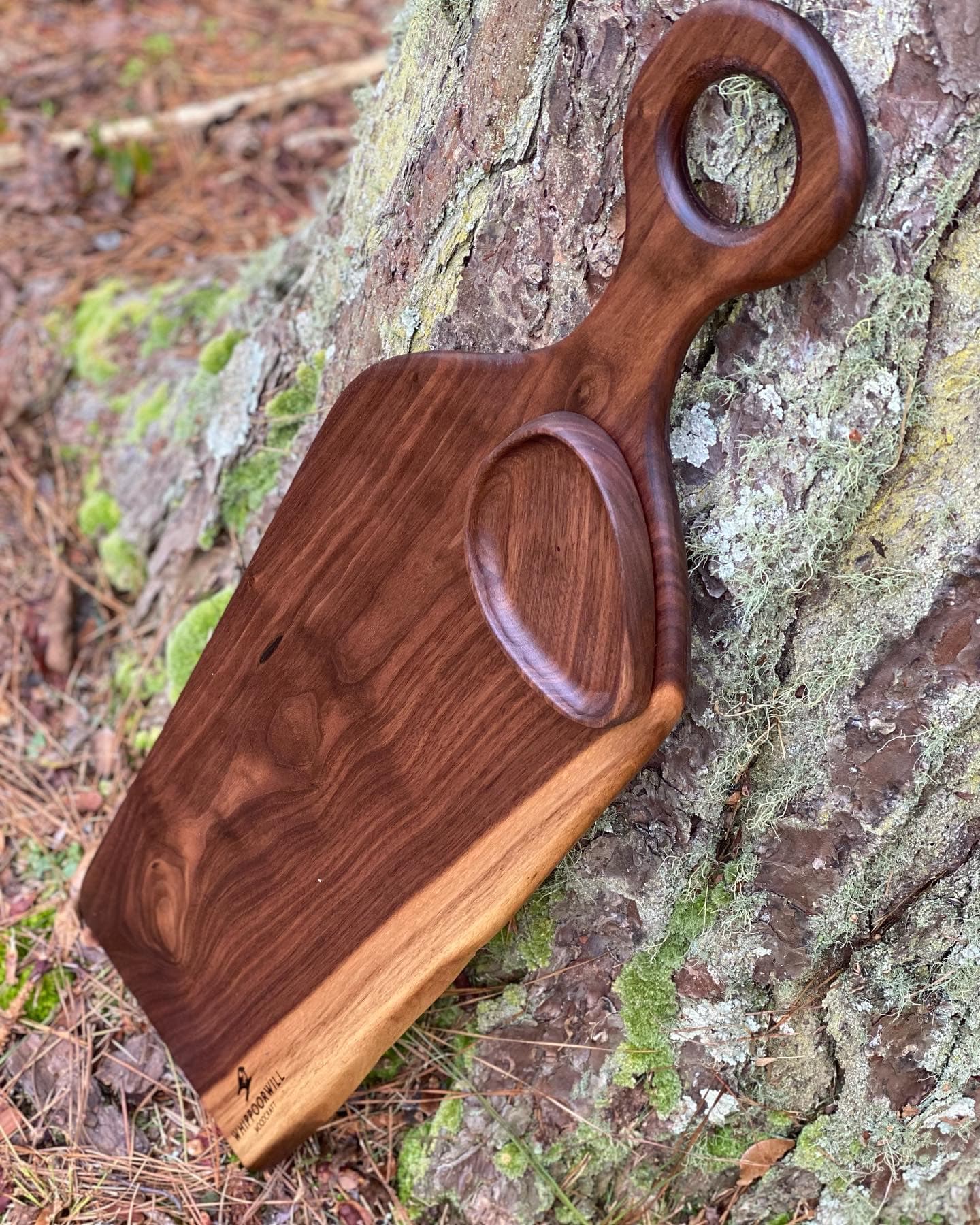 Walnut and cherry serving board with heart-shaped bowl by Whippoorwill Woodcraft