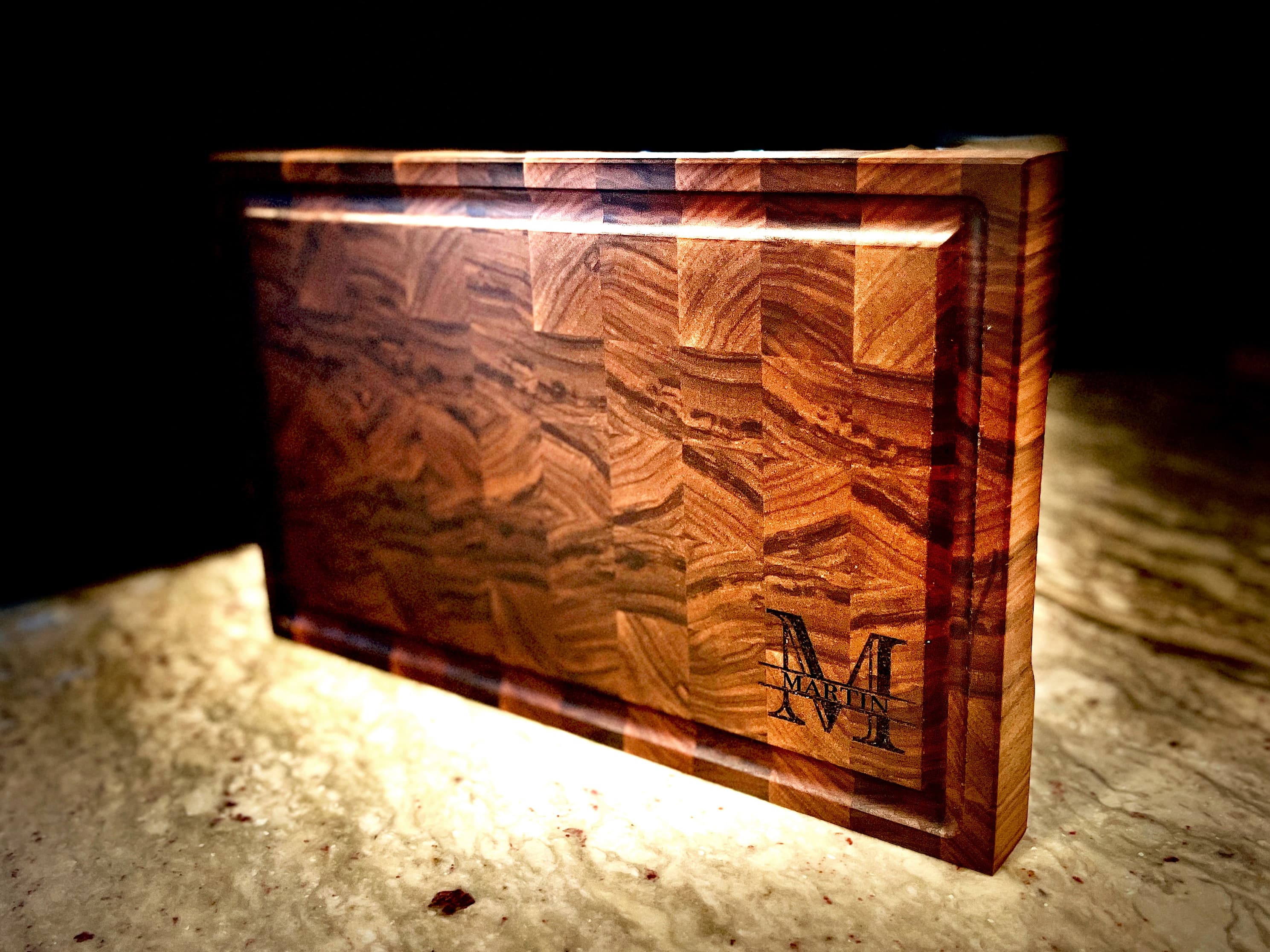 End grain mixed wood cutting board with checkerboard pattern